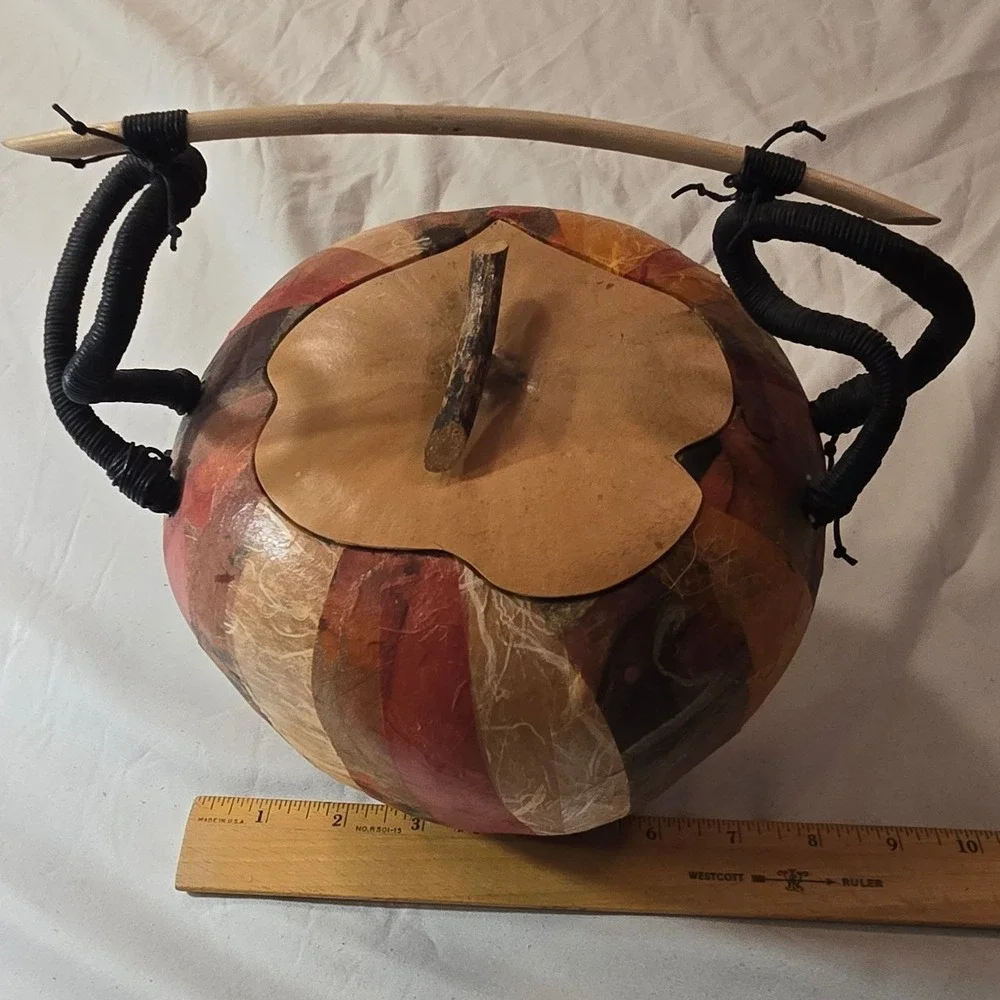 Artisan Handmade Gourd Decorative Vessel with Leaf Lid and Coiled Handle signed
